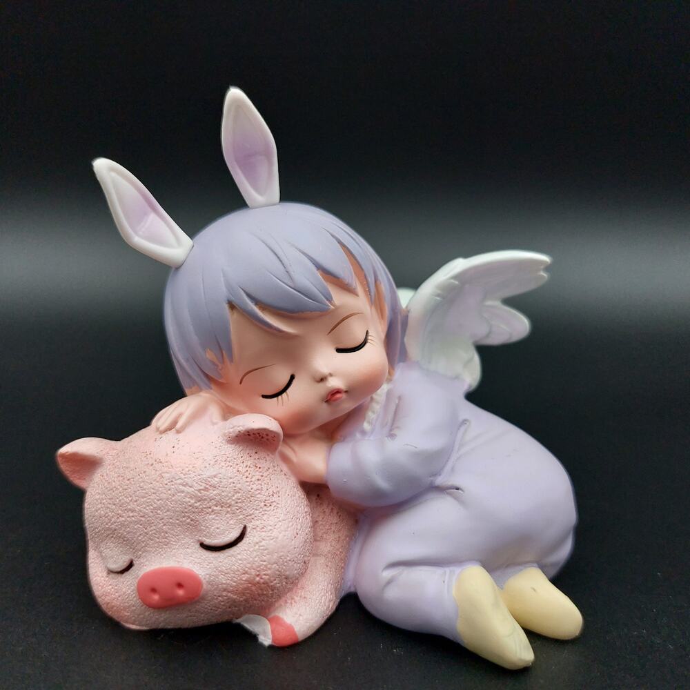 ThingsWoo Sleeping Angel Pig Figurine Cute Kawaii Resin Blind Box Mini Desk Toy